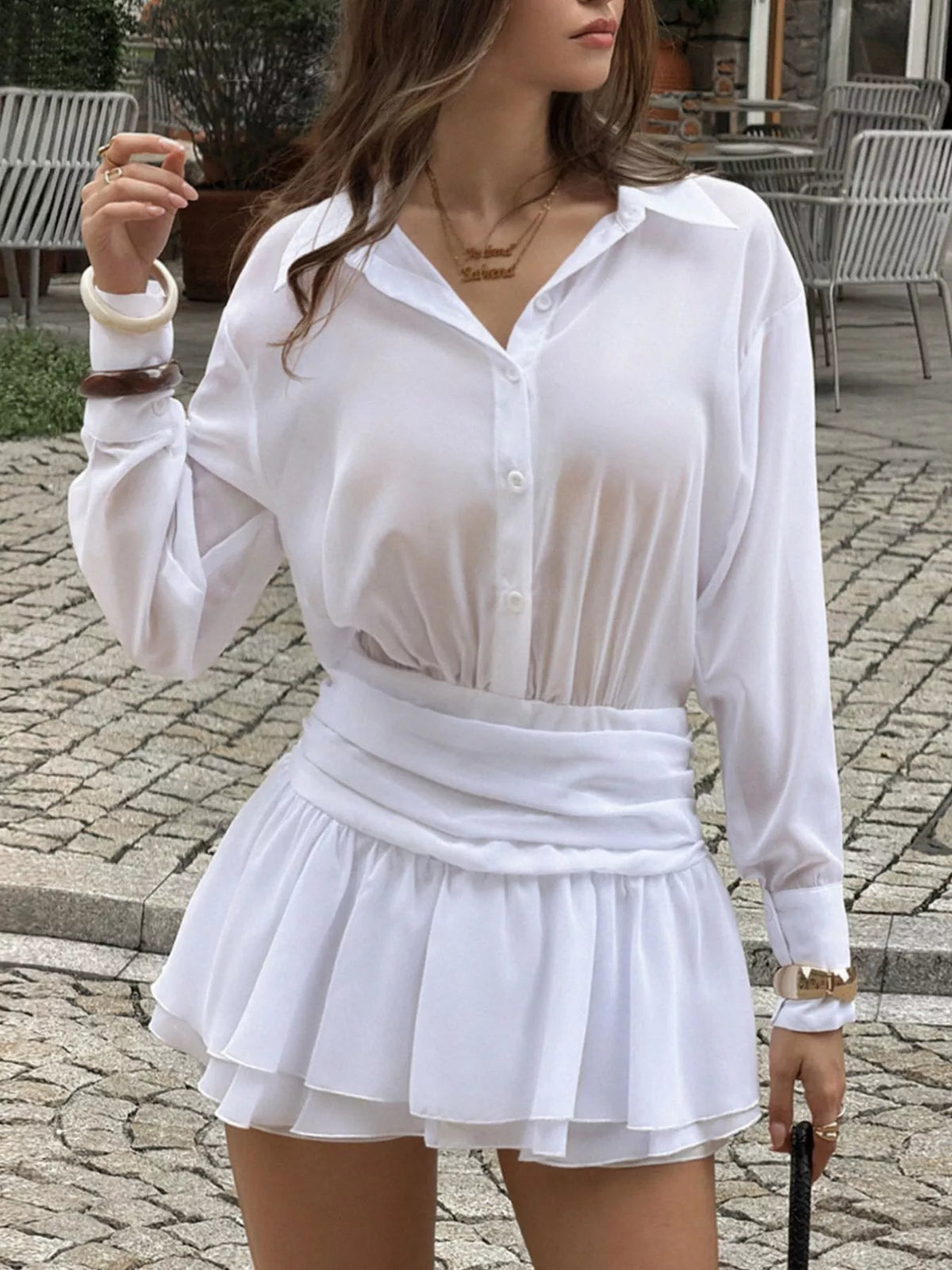 Ruched Waist Layered Ruffle Hem Shirt Dress - White - View 2