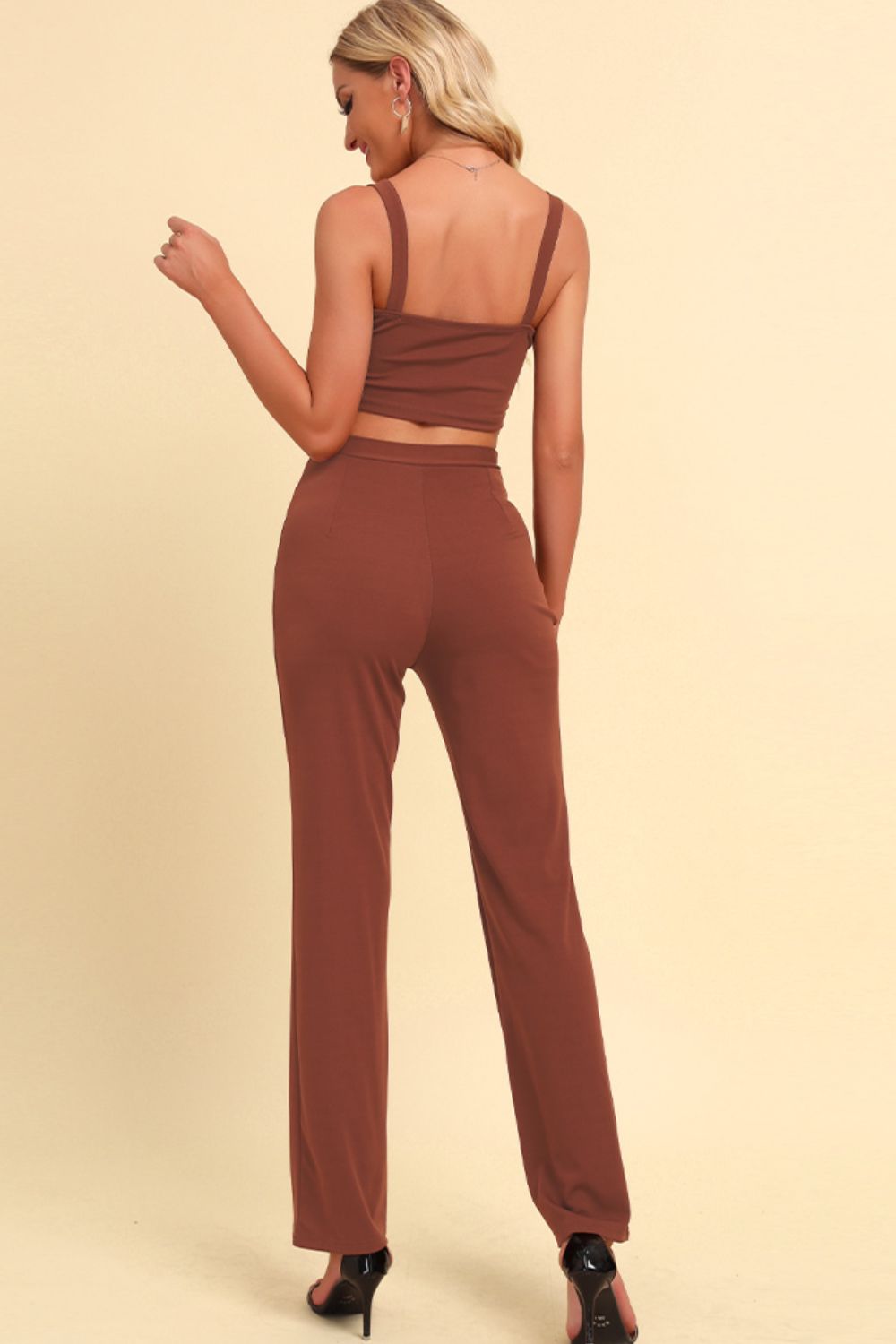 Chain Detail Cropped Cami and Straight Leg Pants Set - Caramel - View 3