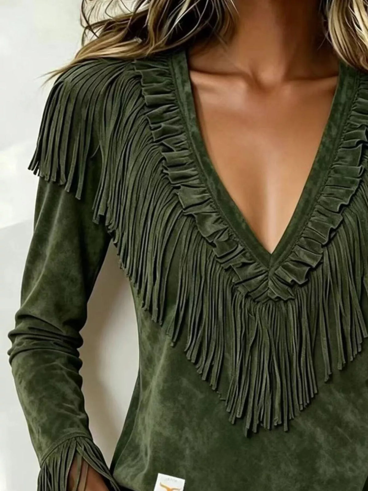 Fringed V-Neck Blouse - Army Green - View 2