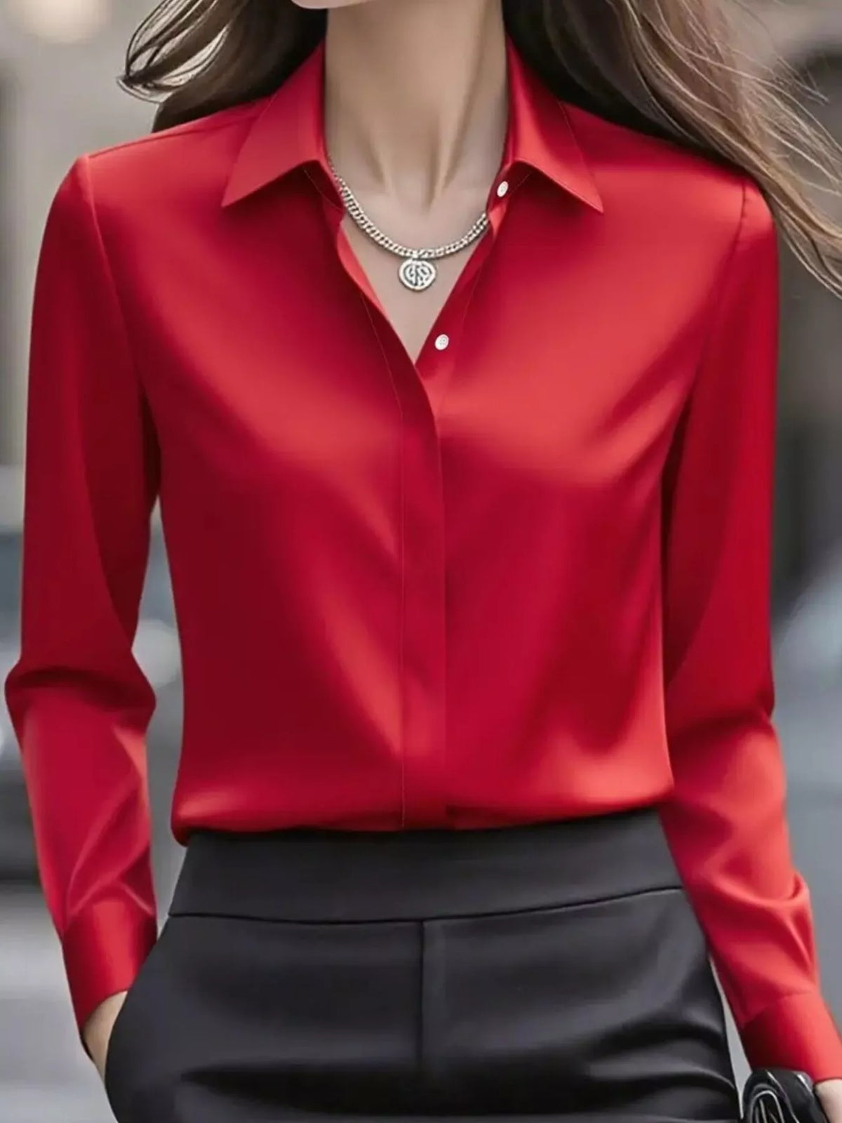 Button Down Collared Neck Long Sleeve Shirt - Red - View 13