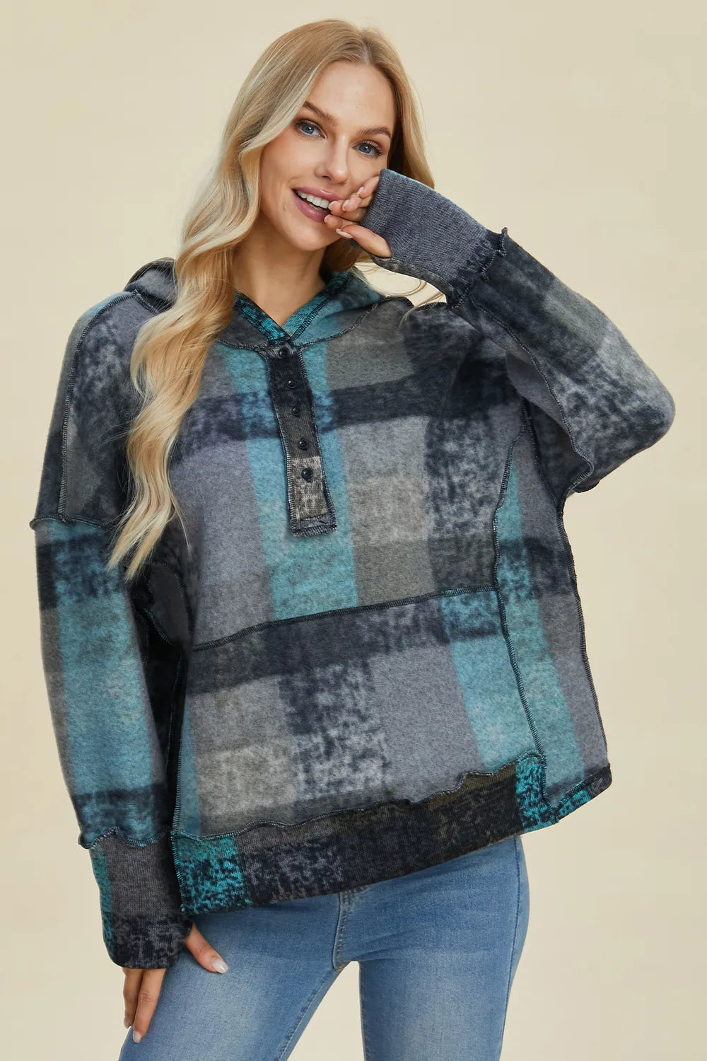 Double Take Full Size Plaid Dropped Shoulder Fleece Hoodie Plus Size - Dark Gray - View 3
