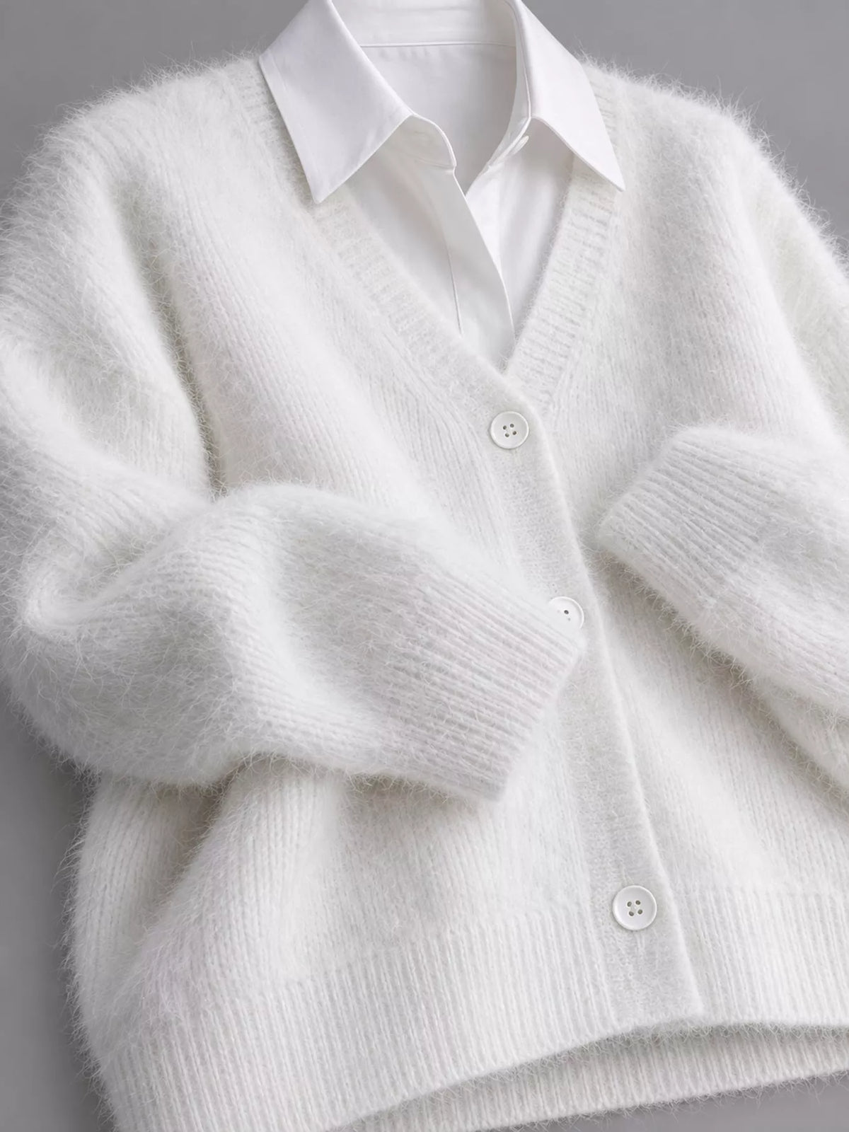 Fuzzy V-Neck Button-Down Cardigan - White - View 13