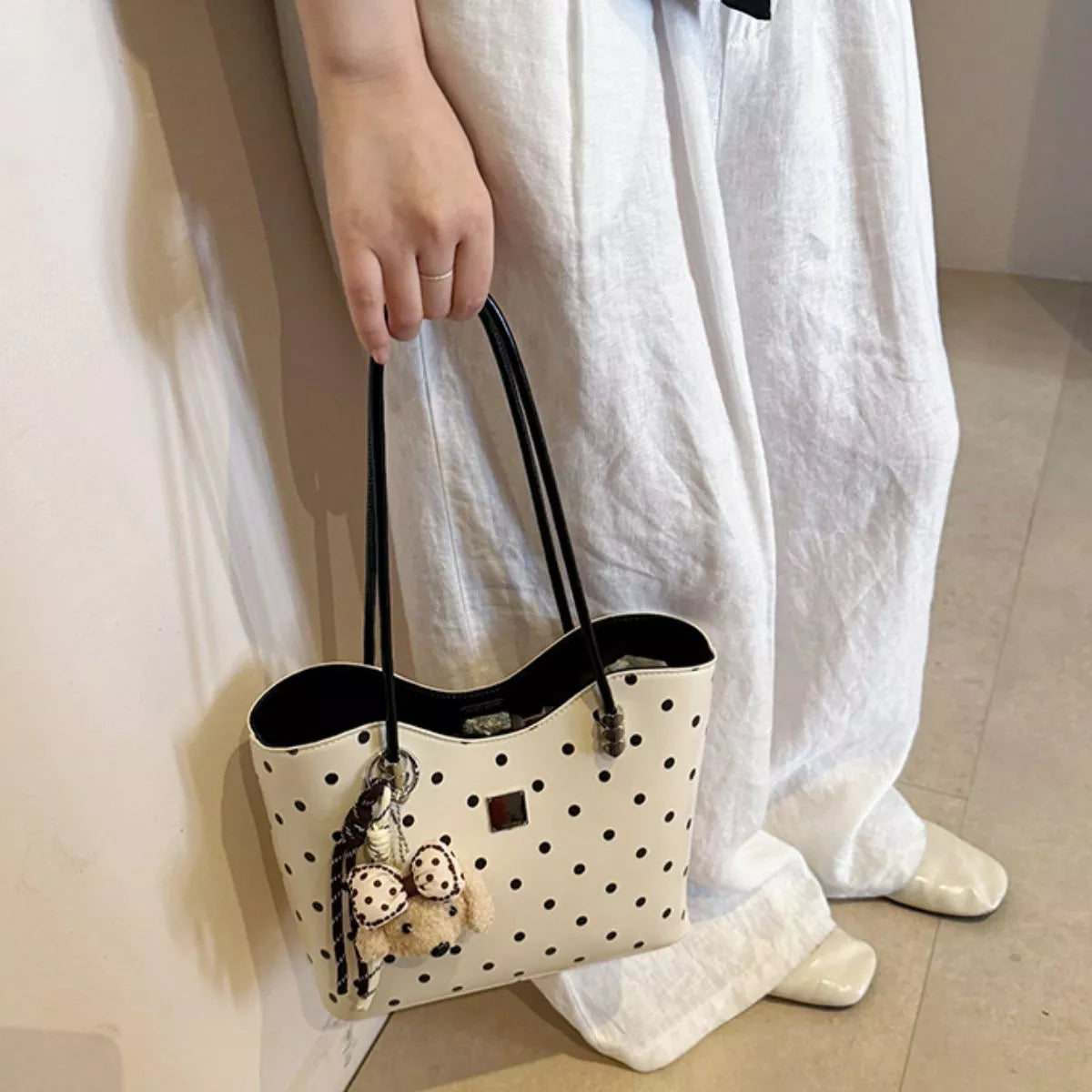 Polka Dot Shoulder Bag - White - View 5