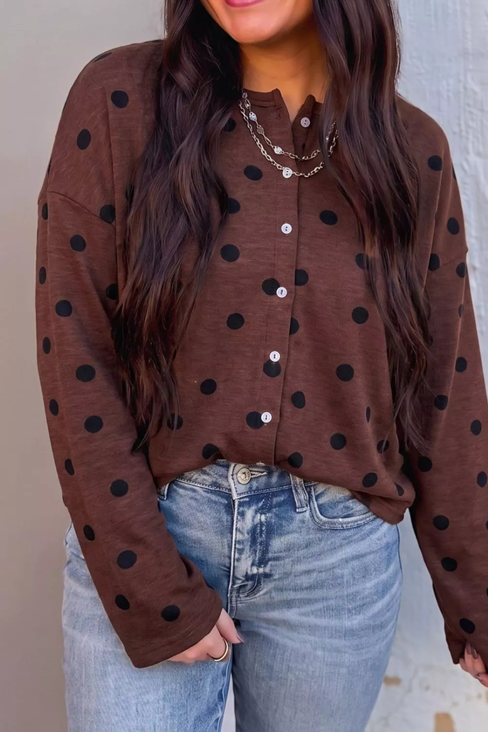 Polka Dot Button Front Long Sleeve Casual Shirt - Brown - View 5