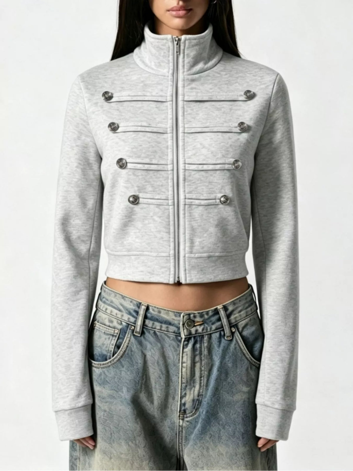 Cropped Zip-Up Outerwear with Decorative Buttons - Gray - View 1