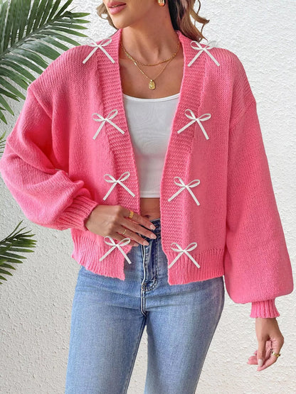 Bow-Tie Open Front Knit Cardigan - Rose Red - View 2