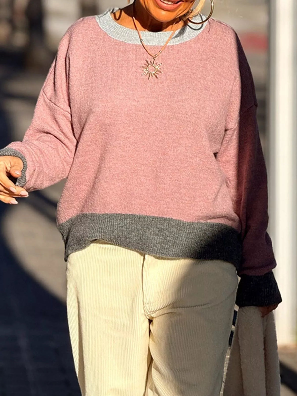 Contrast Trim Crew Neck Sweater - Sky Blue - View 3