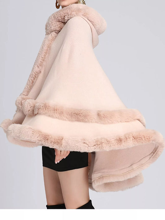 Faux Fur Trimmed Hooded Cape - Pink - View 2