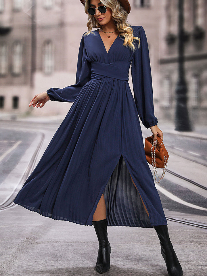 Perfee V-Neck Long Sleeve Pleated Slit Dress - Dark Blue - View 1