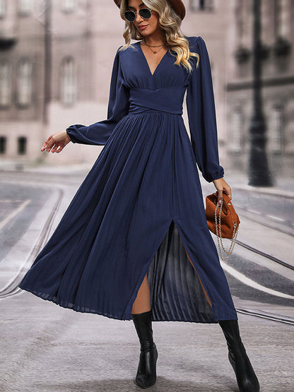 Perfee V-Neck Long Sleeve Pleated Slit Dress - Dark Blue - View 1