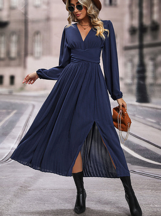 Perfee V-Neck Long Sleeve Pleated Slit Dress - Dark Blue - View 1