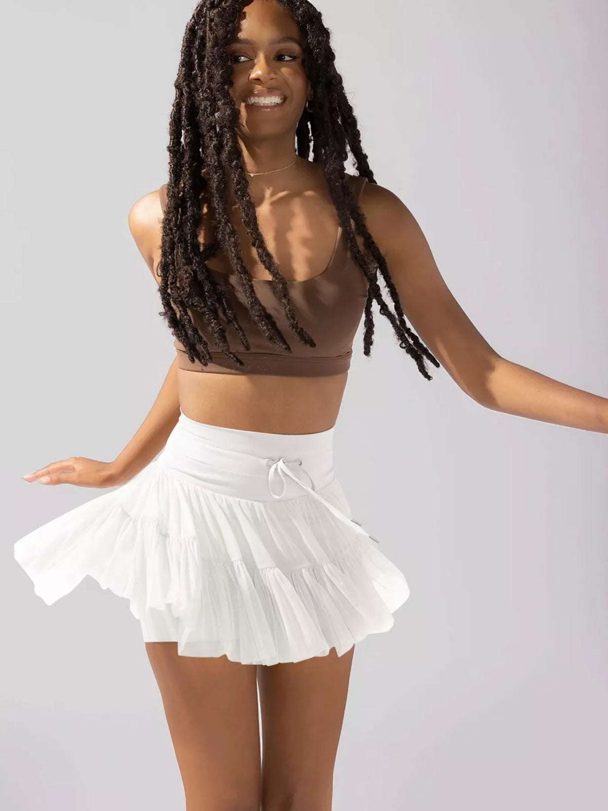 Tiered Skort with Drawstring - White - View 17