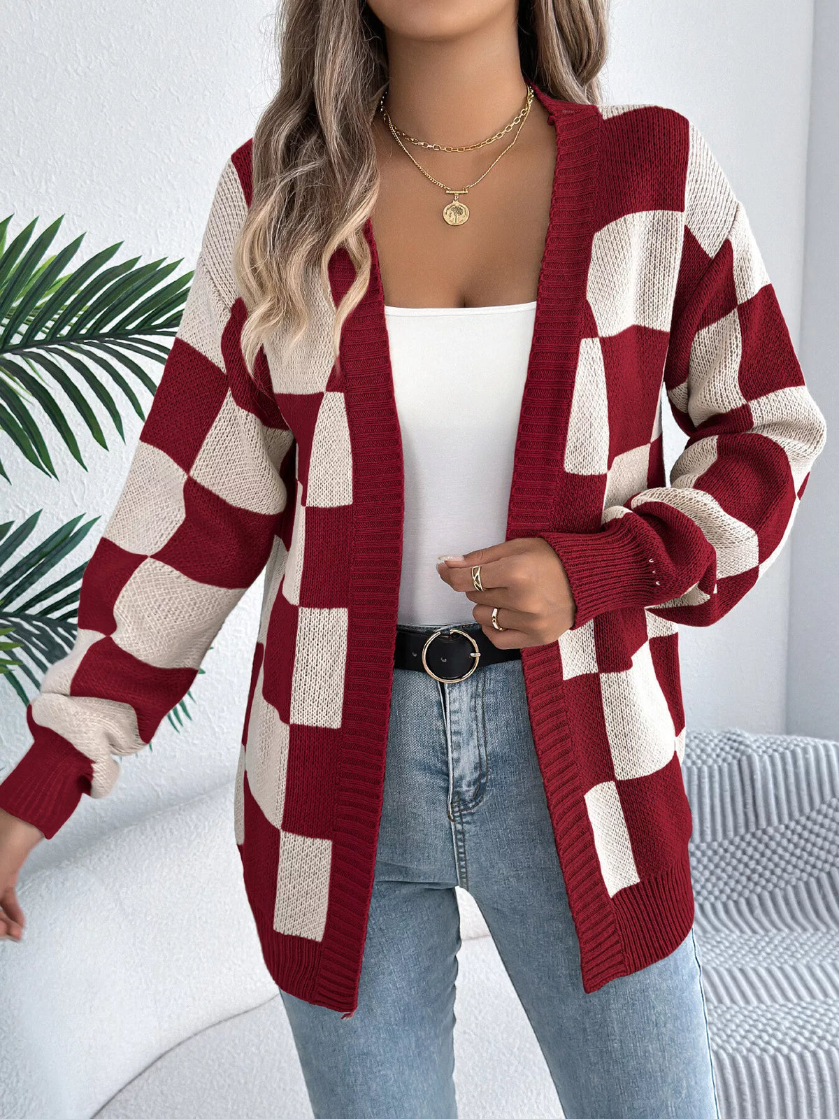 Checkerboard Pattern Open Front Knit Cardigan - Burgundy - View 3