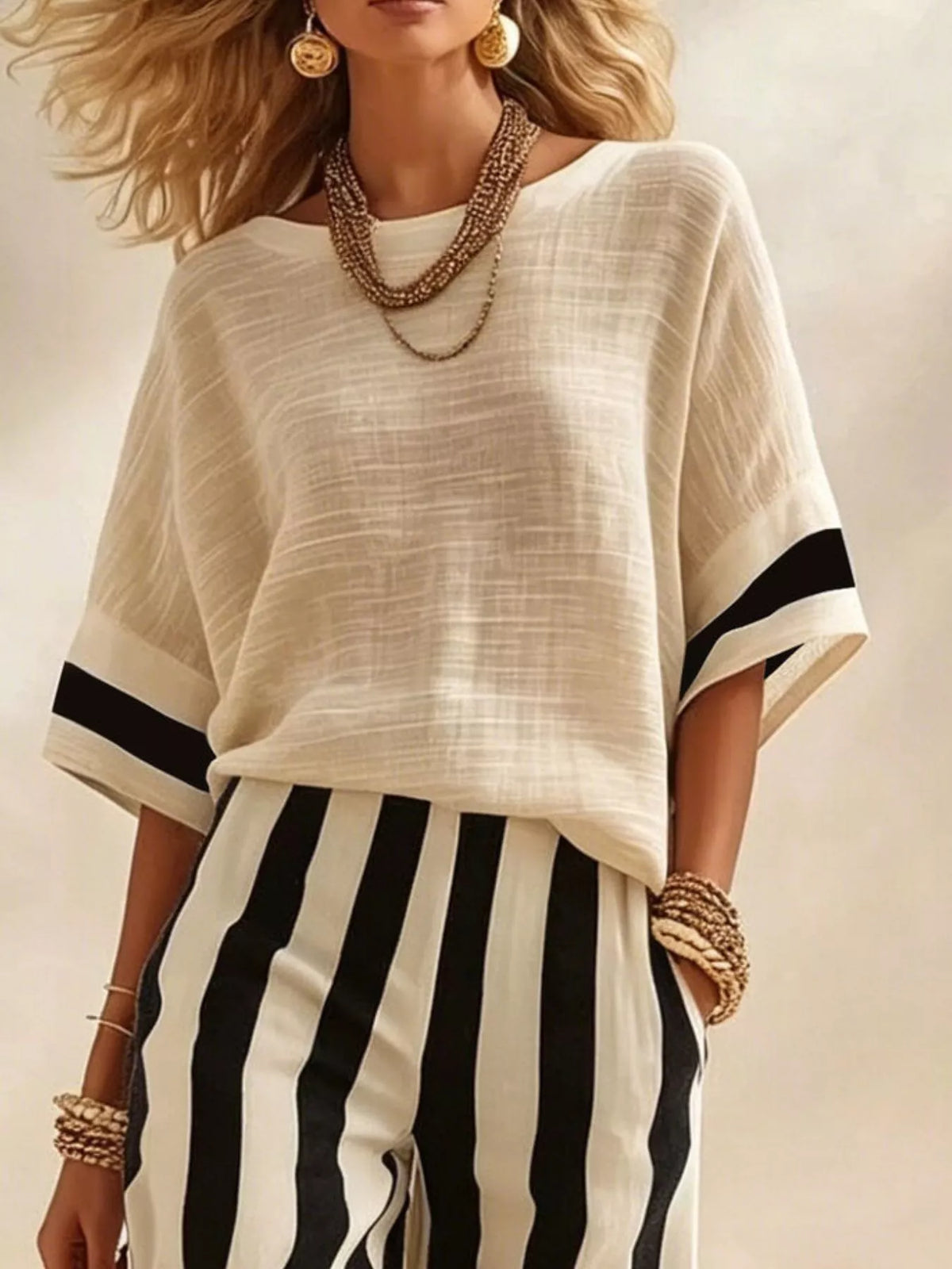 Full Size Striped Half Sleeve Top and Pants Set Plus Size - Black - View 2