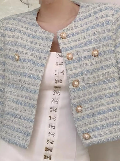 Button Up Cropped Tweed Outerwear - Light Blue - View 3