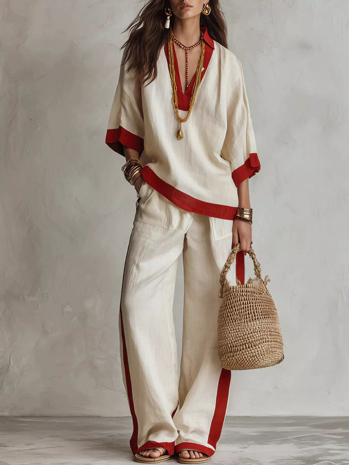 Full Size Contrast Trim Top and Wide Leg Pants Set Plus Size - Beige - View 1