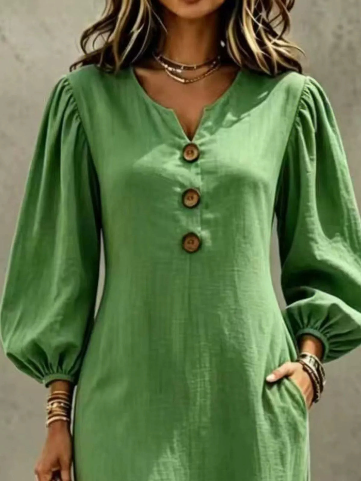 Decorative Button Balloon Sleeve Maxi Dress - Sea Green - View 2