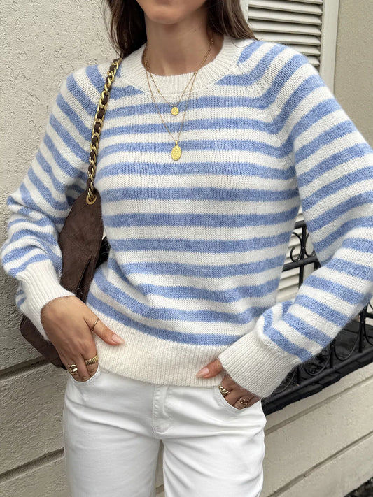 Striped Crew Neck Dropped Shoulder Sweater - Light Blue - View 2