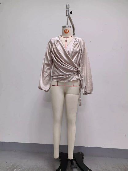 Satin Balloon Sleeve Blouse - Beige - View 4
