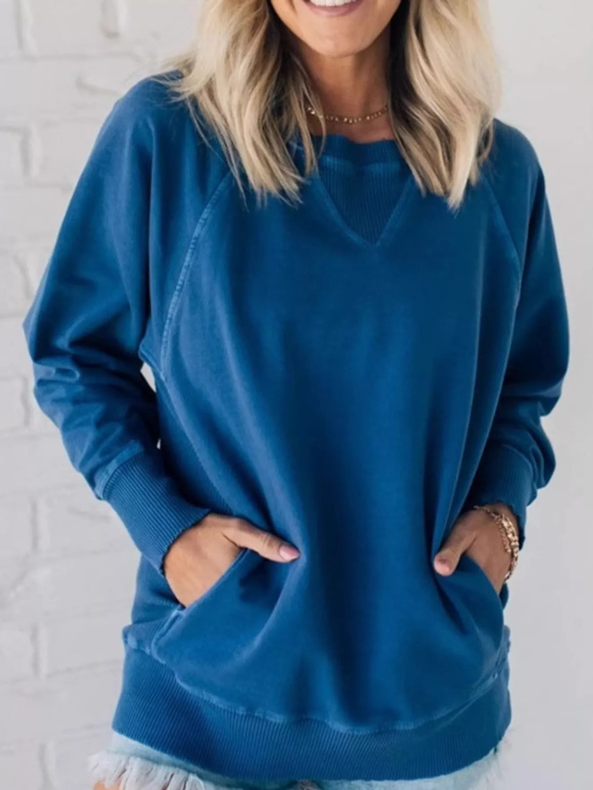 Crew Neck Raglan Sleeve Sweatshirt - Dark Blue - View 11