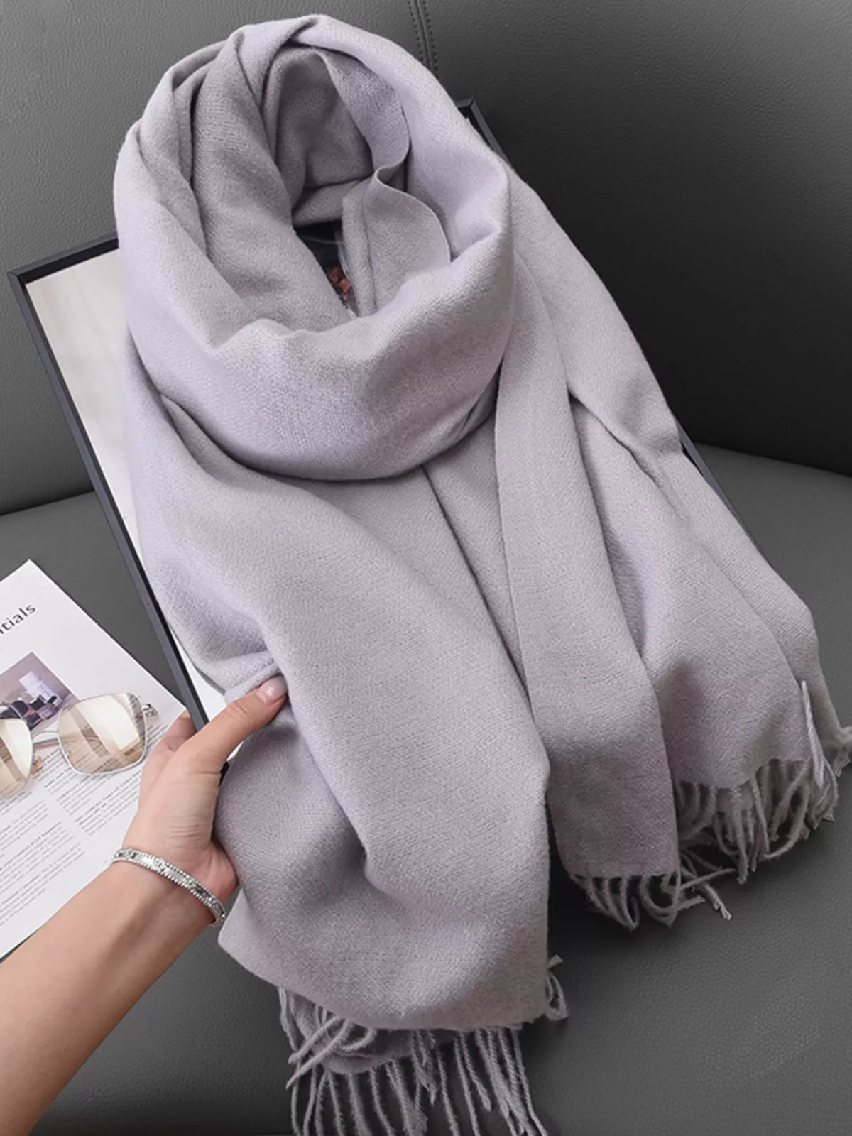 Solid Color Fringe Scarf - Light Gray - View 7