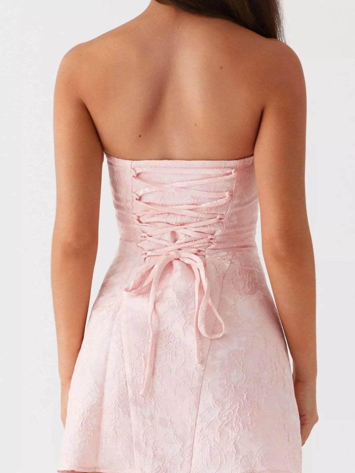 Lace Up Jacquard Tube Mini Dress - Pink - View 3