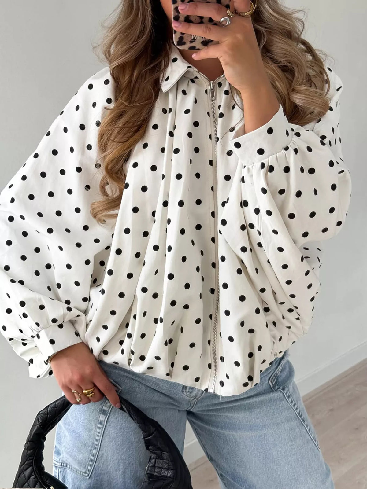 Polka Dot Zip-Up Jacket - White - View 1