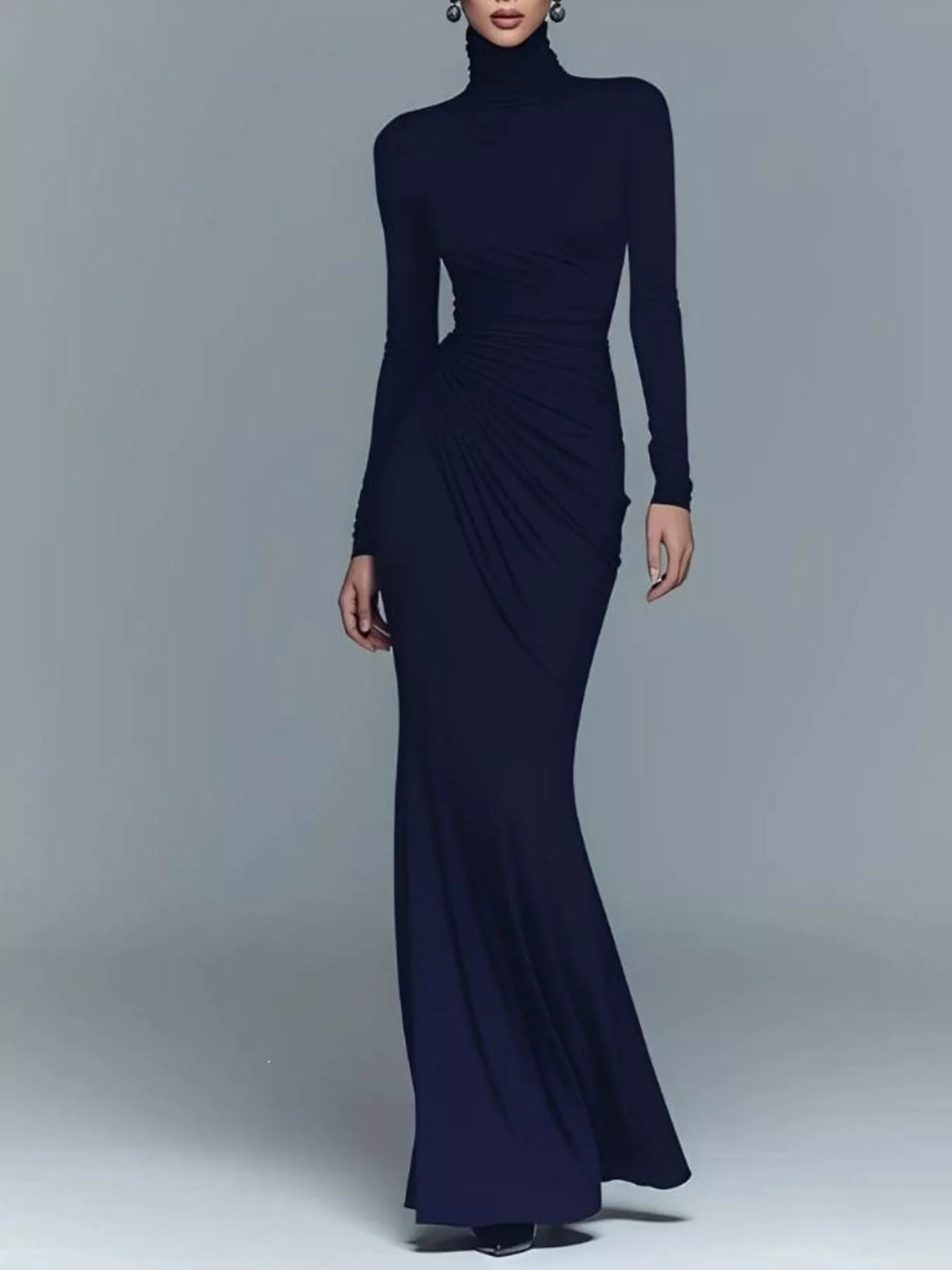 Turtleneck Long-Sleeve Ruched Maxi Dress - Dark Blue - View 1