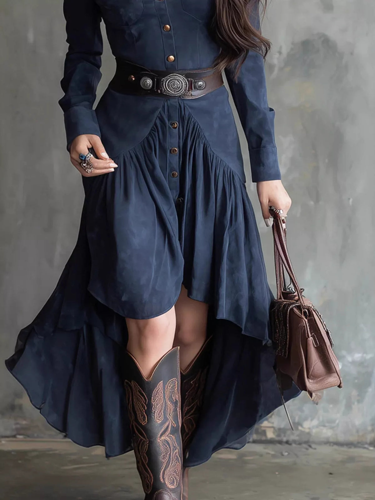 Button-Down High-Low Shirt Dress - Navy - View 3