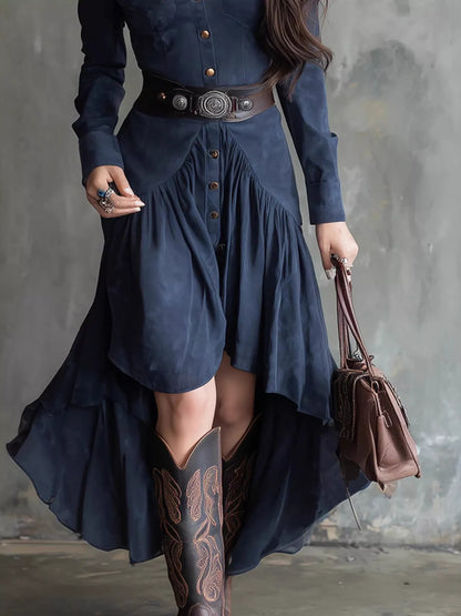 Button-Down High-Low Shirt Dress - Navy - View 3