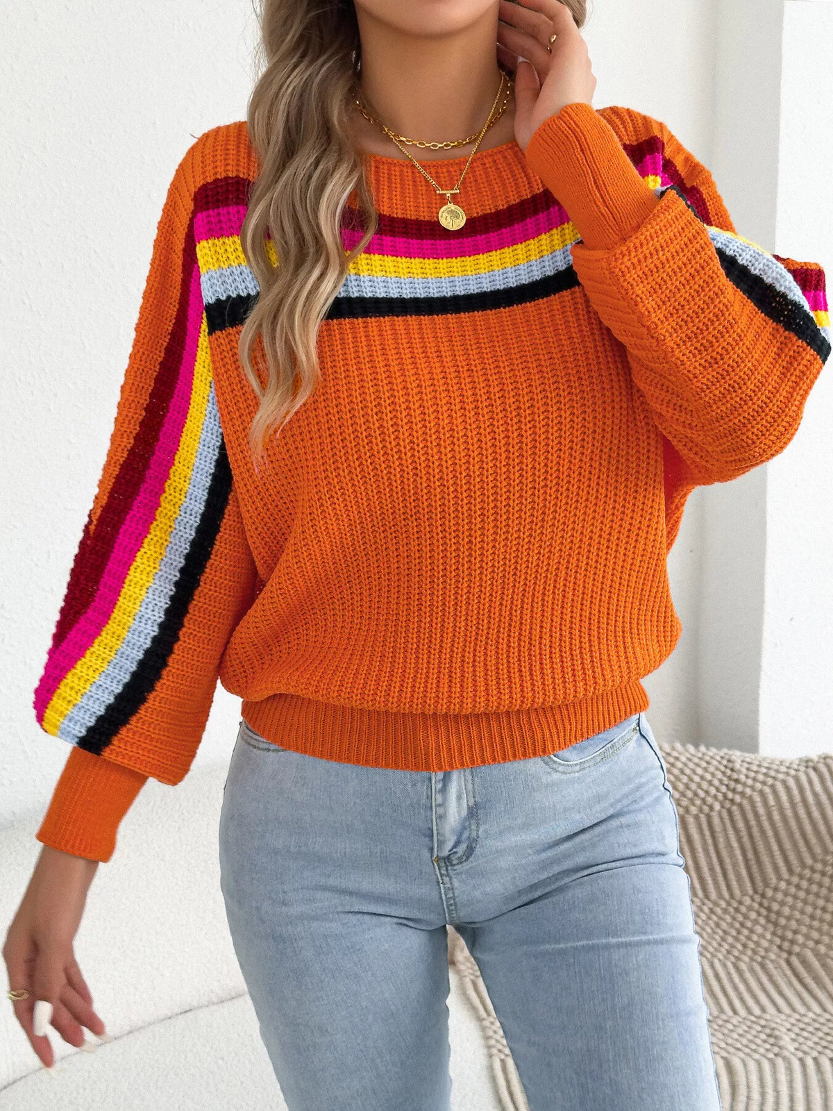 Striped Knit Boat Neck Sweater - Orange - View 1