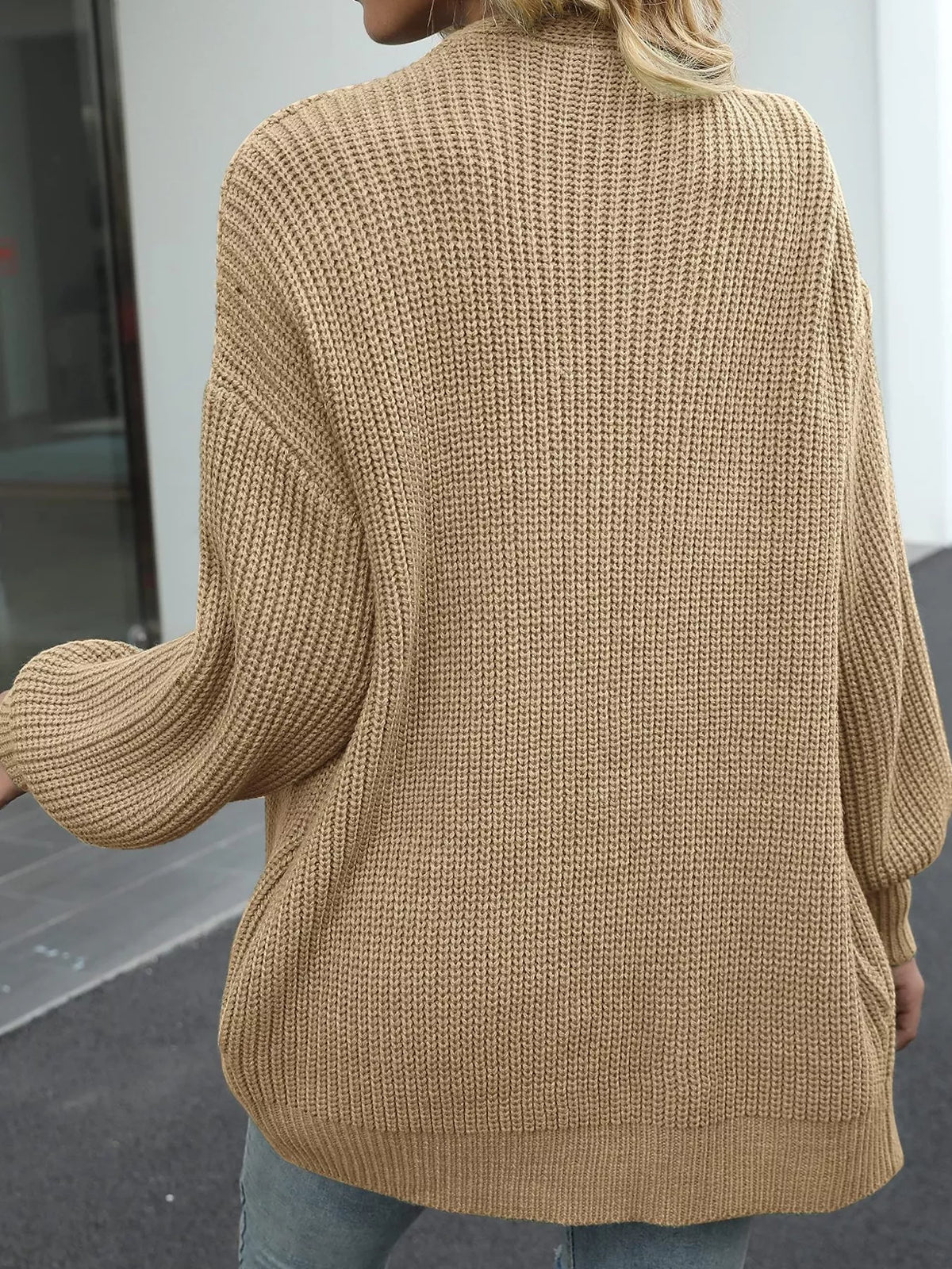 Chunky Knit Open Front Cardigan with Lantern Sleeves - Khaki - View 14
