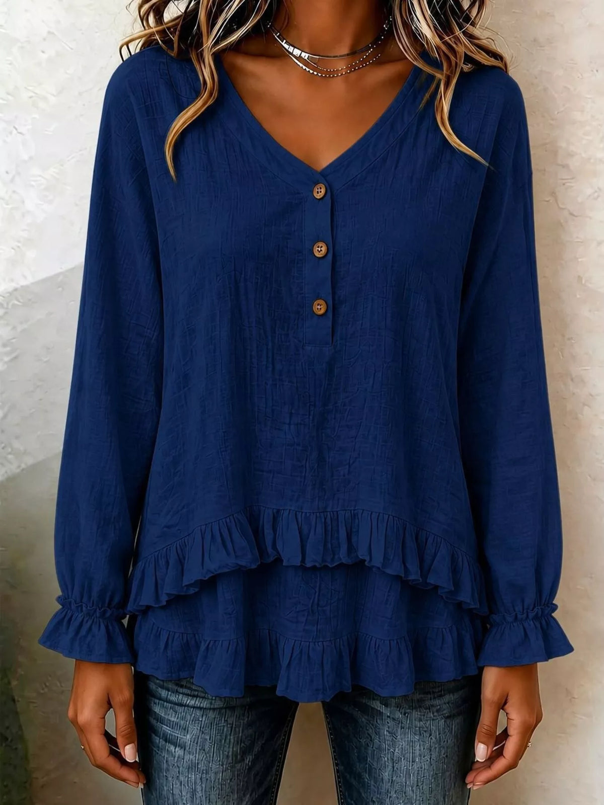 V-Neck Long Sleeve Button Detail Ruffled Hem Blouse - Navy - View 1