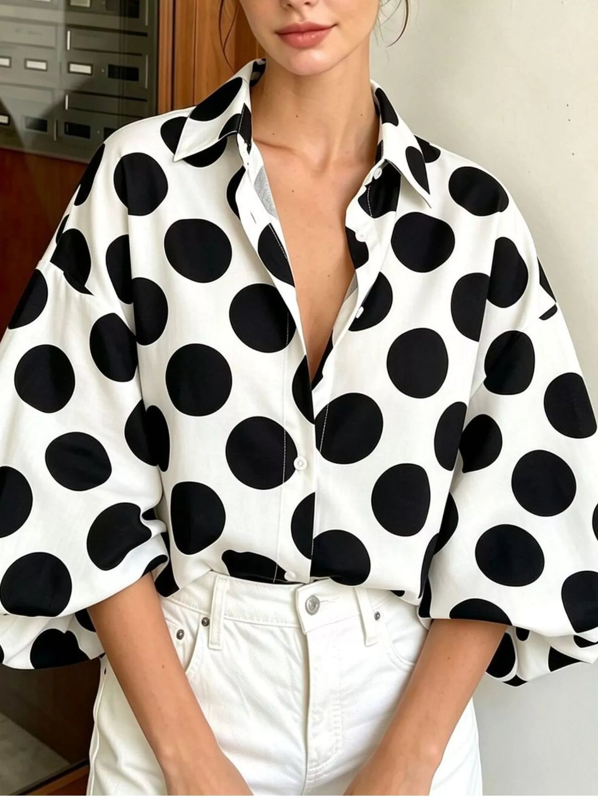 Polka Dot Puff Sleeve Shirt - White - View 1