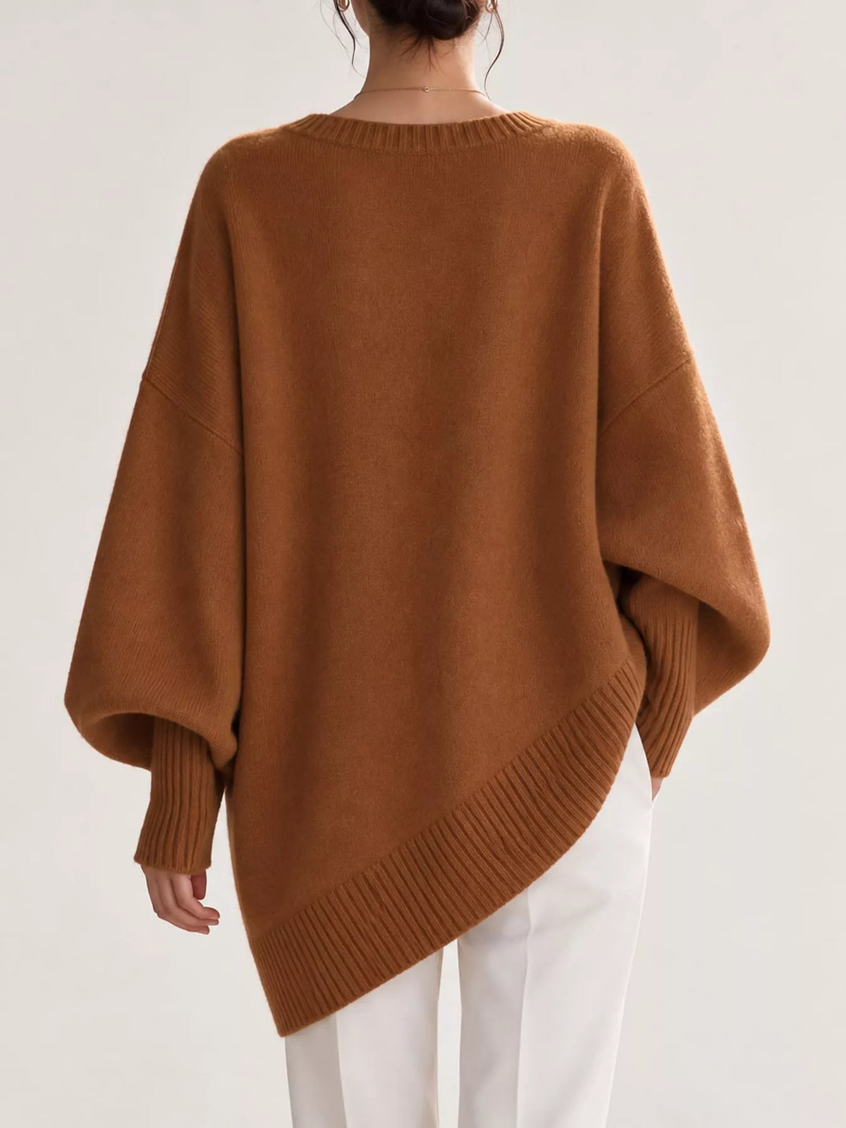 Full Size V-Neck Oversized Batwing Sleeve Sweater Plus Size - Golden Brown - View 36