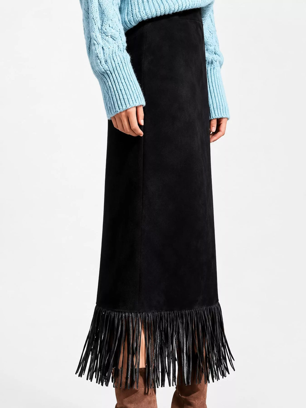 High-Waisted Fringe Midi Skirt - Black - View 6