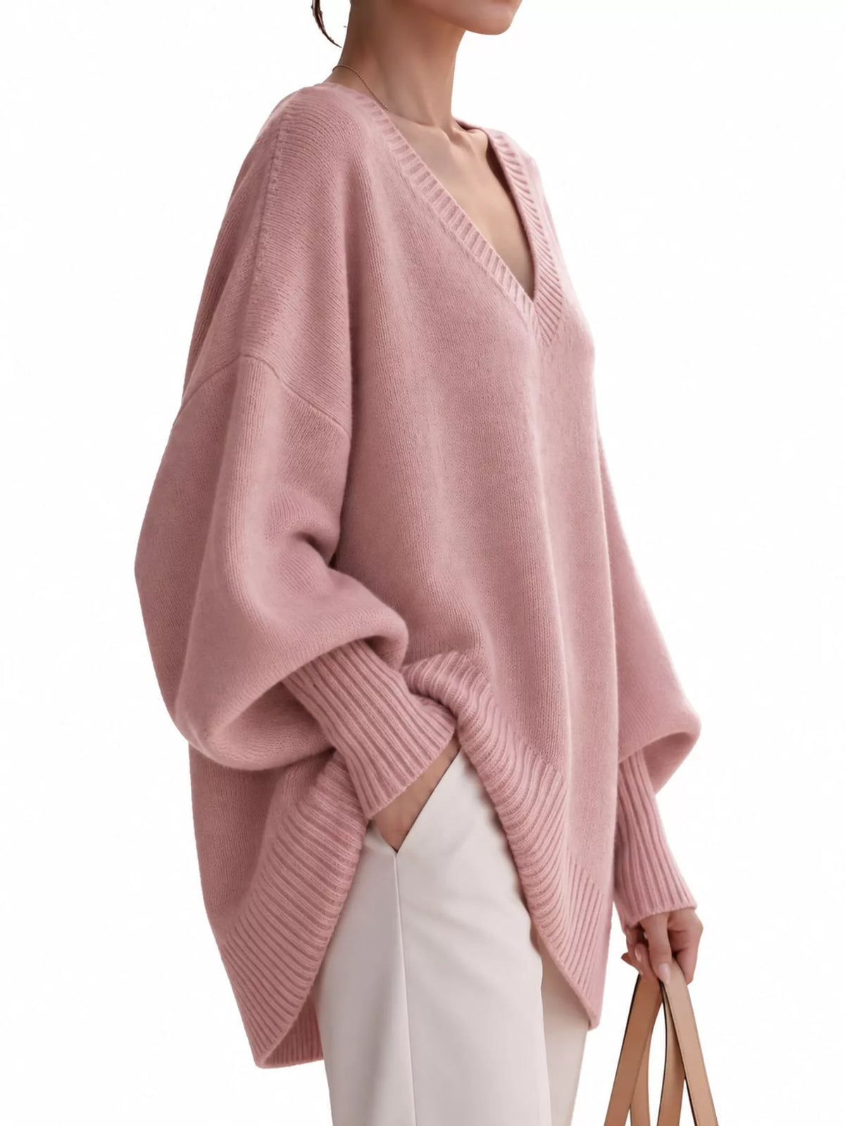 Full Size V-Neck Oversized Batwing Sleeve Sweater Plus Size - Pink - View 31