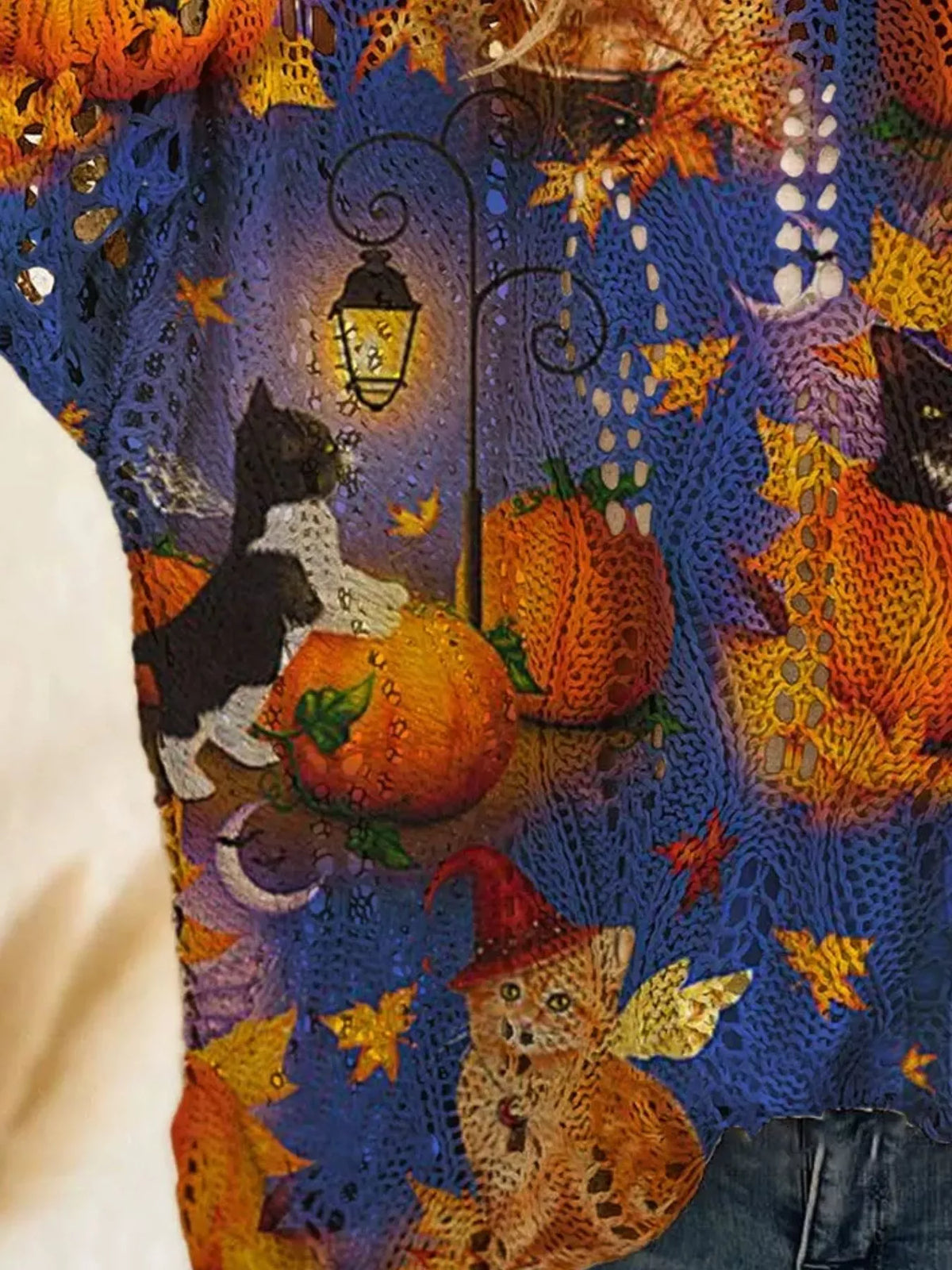 Full Size Halloween Pumpkin Loose Knit Cover Up Plus Size - Blue - View 2