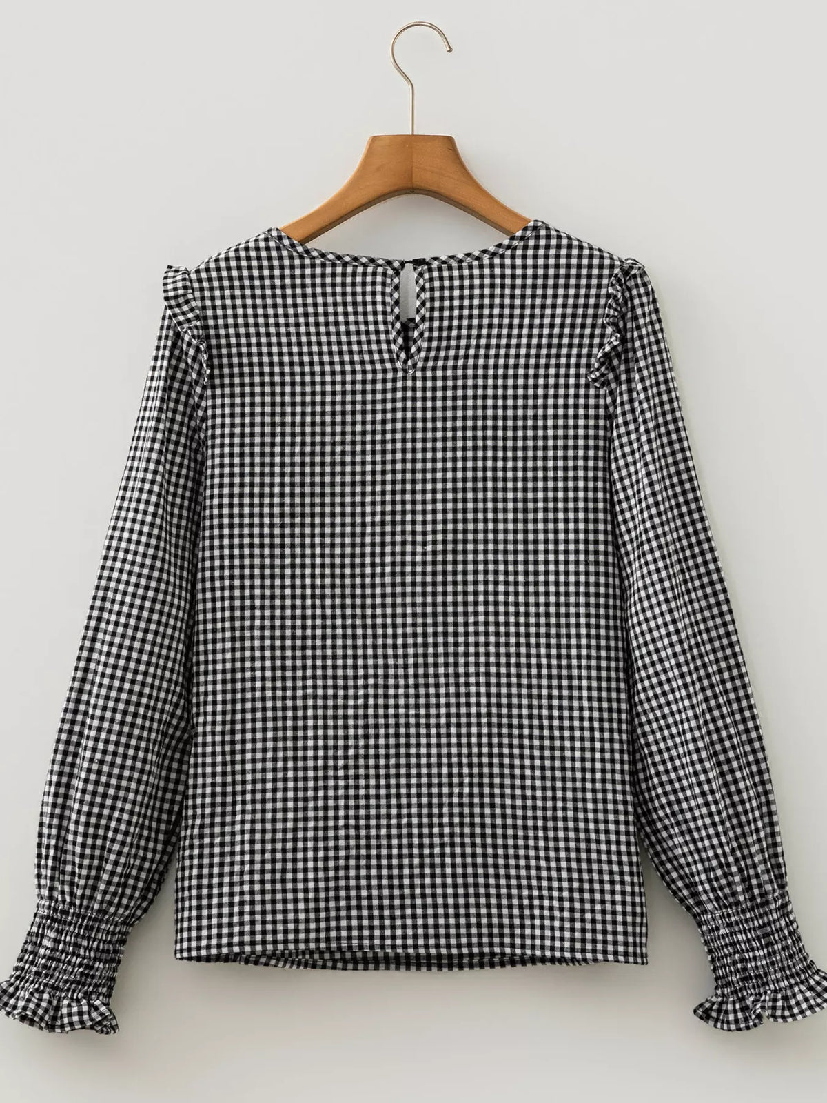 Plaid Shirred Cuff Long Sleeve Round Neck Blouse - Black - View 7