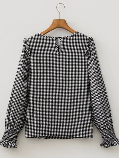 Plaid Shirred Cuff Long Sleeve Round Neck Blouse - Black - View 7