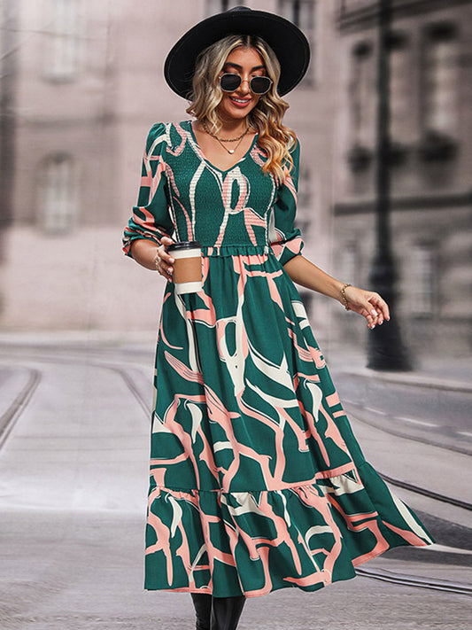 Perfee Printed Smocked V-Neck Three-Quarter Sleeve Midi Dress - Mid Green - View 1