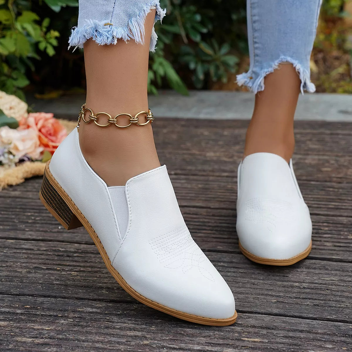 Point Toe Block Heels Loafers - White - View 12