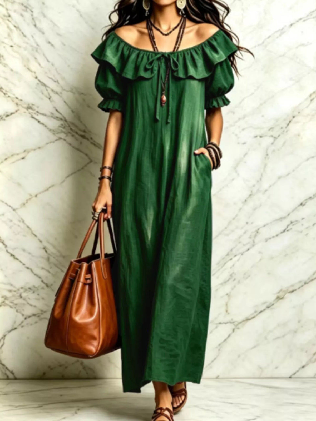 Ruffle Trim Puff Sleeve Maxi Dress - Dark Green - View 1