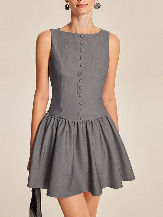 Round Neck Sleeveless Ruffled Mini Dress - Gray - View 1