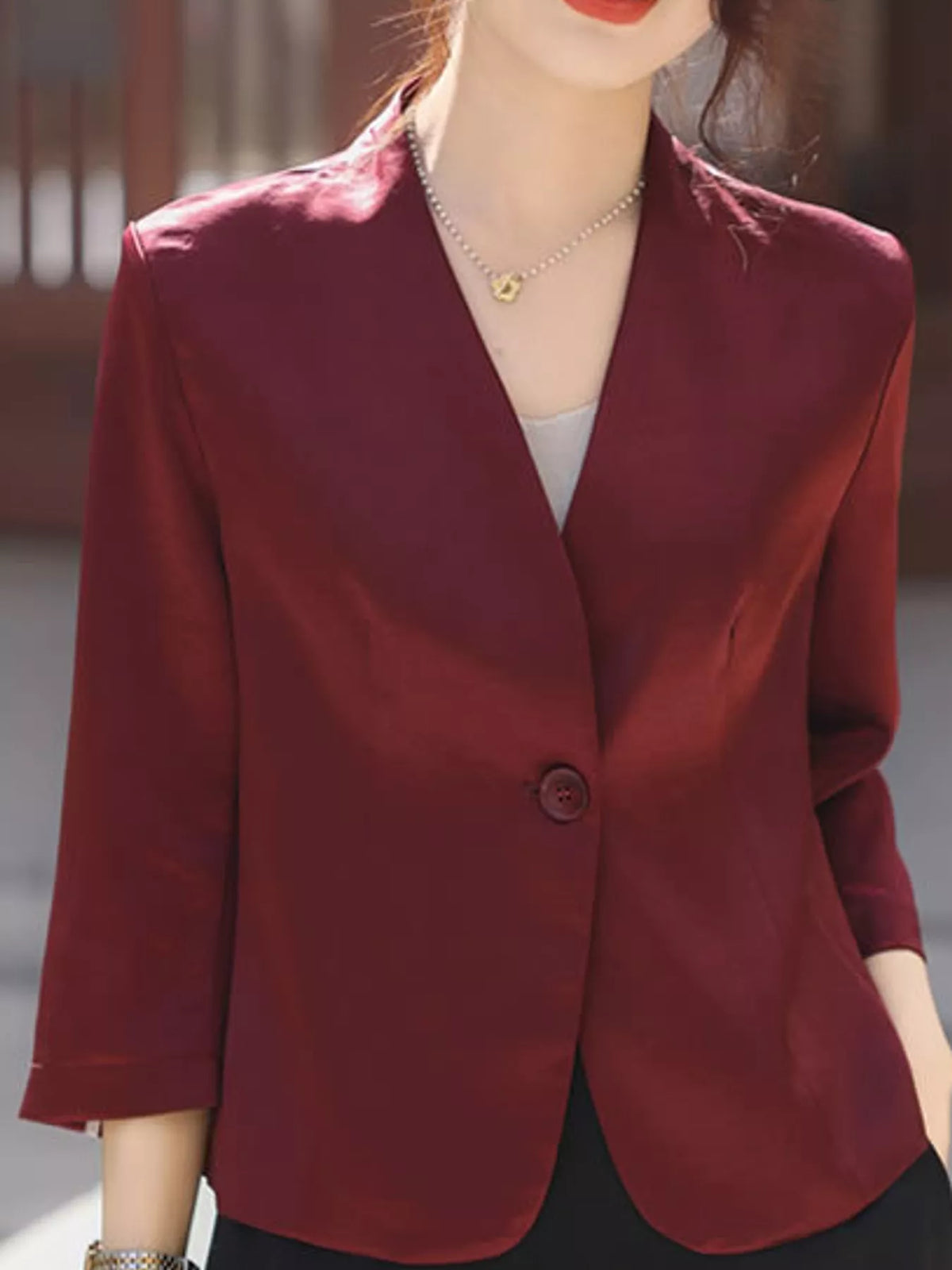 Plus Size Three-Quarter Sleeve One Button Blazer - Burgundy - View 2
