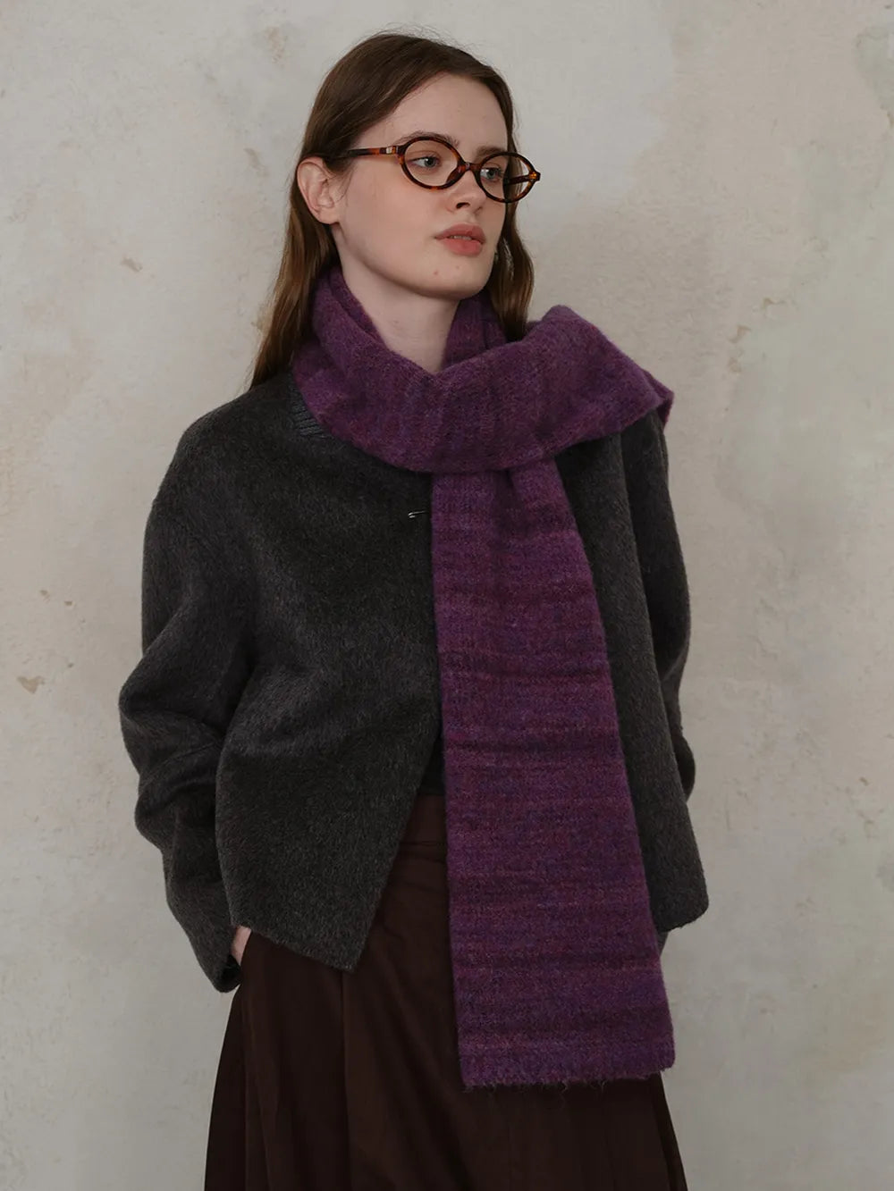 Striped Detail Knit Scarf - Deep Purple - View 7