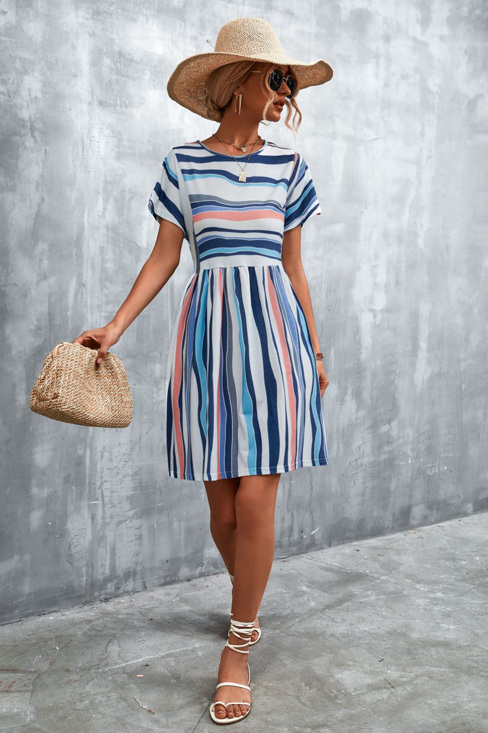 Striped Round Neck Dress - Navy - View 15