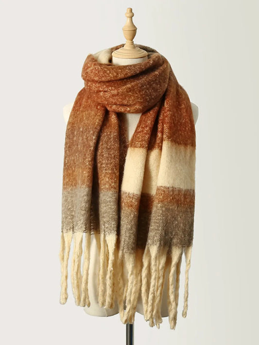 Fringe Color Block Polyester Scarf - Caramel - View 1