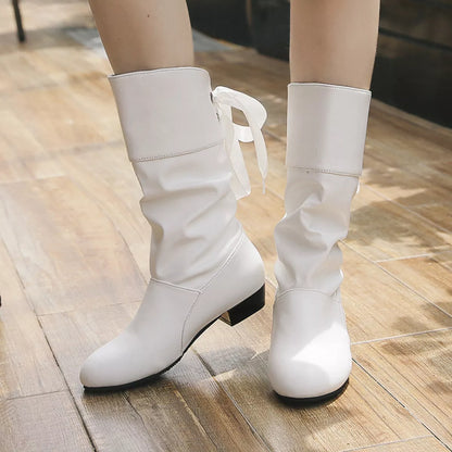 Round Toe Block Heels Boots - White - View 3