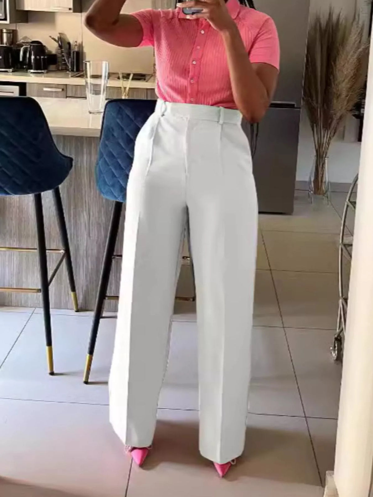 High-Waisted Wide-Leg Pants - Ivory White - View 3